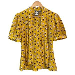 Anthropologie Girls From Savoy Lemon‎ Liftoff Owl Print Silk Blouse Sz 6P